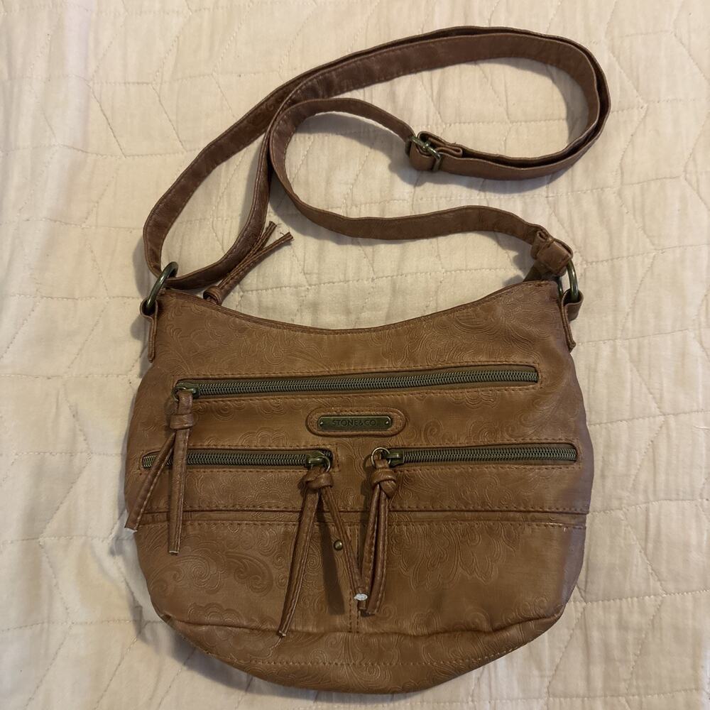 Stone & Co. Brown Embossed Faux Leather Crossbody Hobo Bag